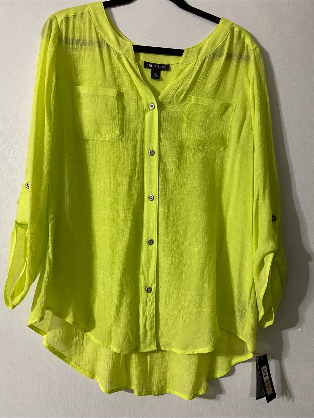 I.N. Studio Neon Lime Button-Front Sheer Blouse